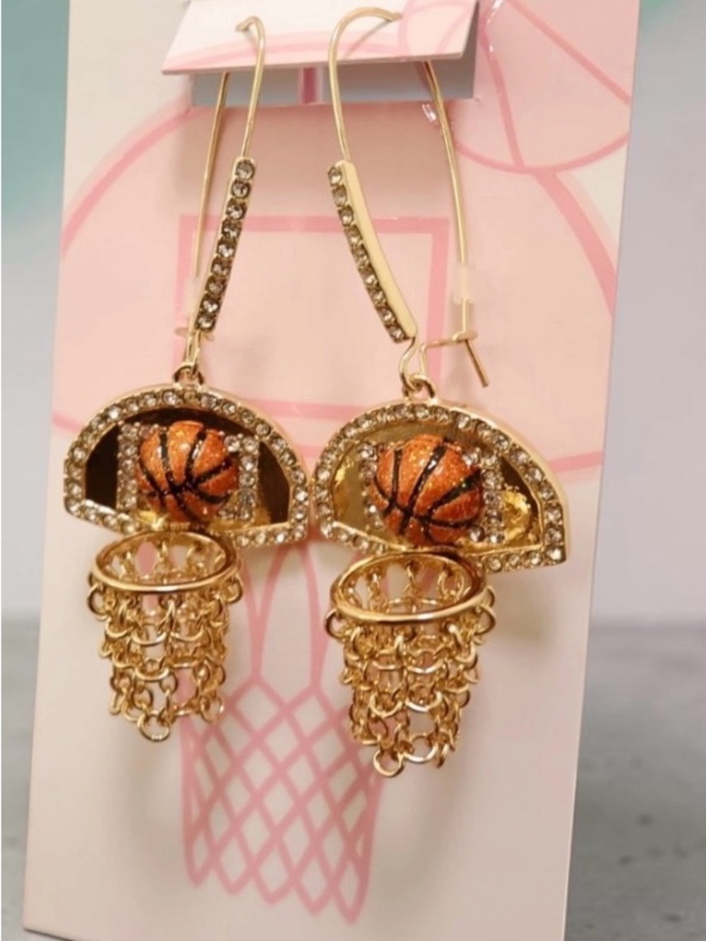 Betsey Johnson Gold-tone Basketball Hoop Drop Earrings with Orange Glitter Balls